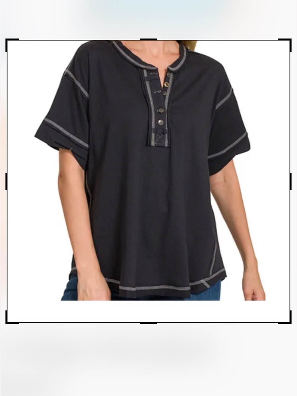 Zenana Raw Edge Detailed button top and reverse stitching in black multiple size